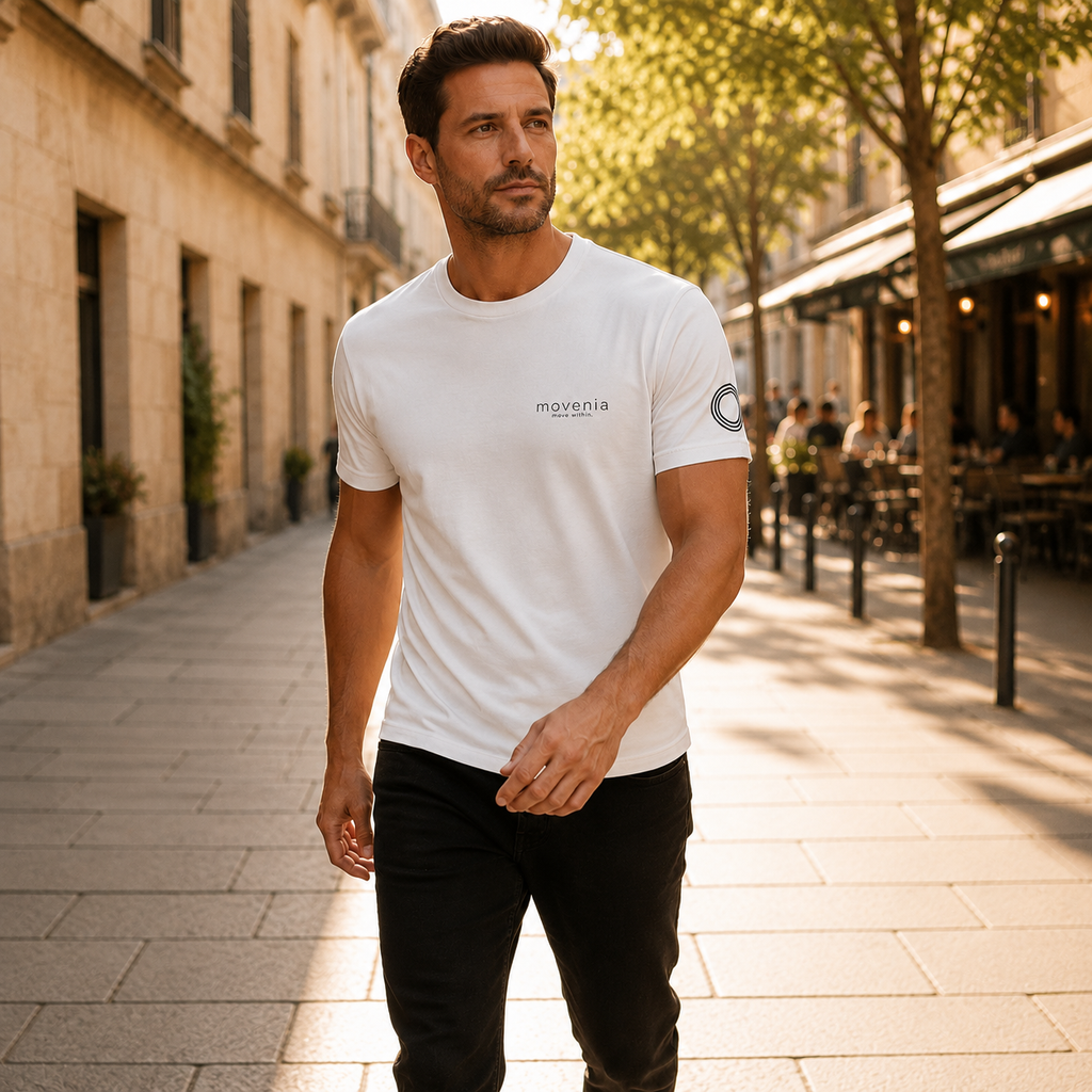 T-shirt homme Axel en coton biologique Movenia, coloris blanc, porté dans la rue