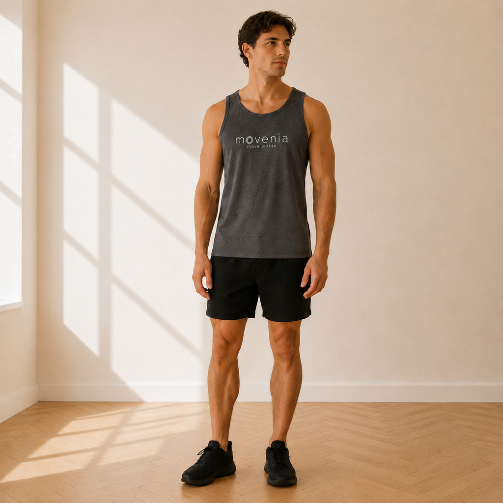 Débardeur homme Forge en coton biologique Movenia, coloris gris, porté en studio