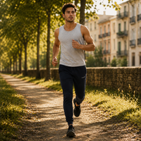 Pantalon de jogging Mover en coton biologique Movenia, coloris bleu, porté pendant une course