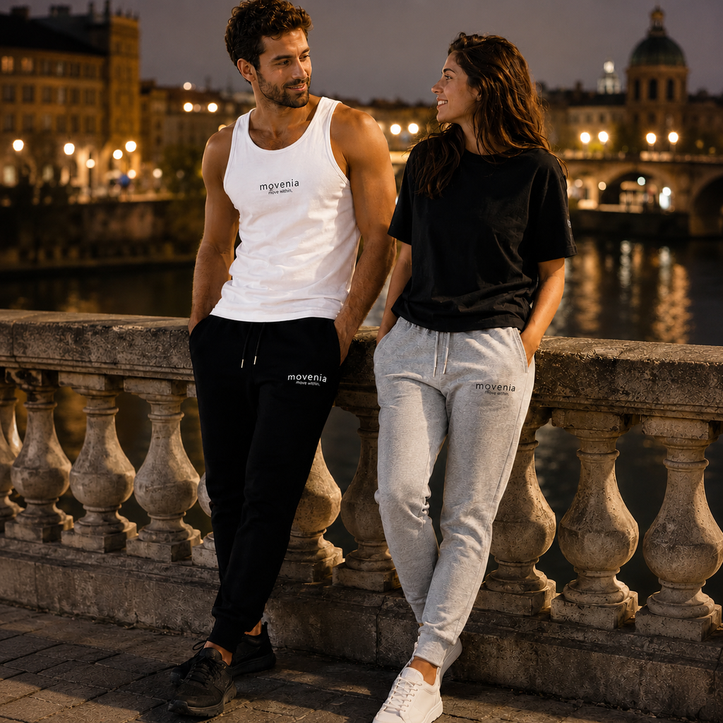 Pantalon de jogging Mover en coton biologique Movenia, présenté en duo