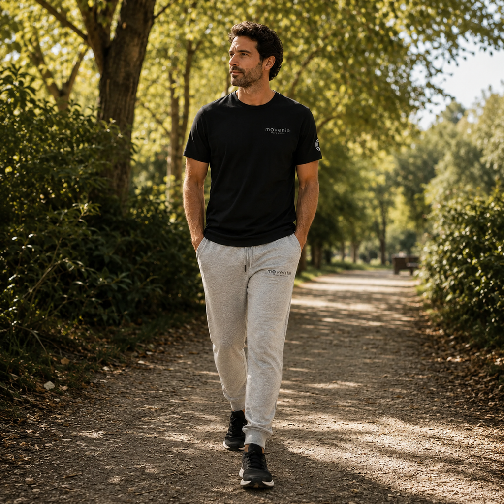 Pantalon de jogging Mover en coton biologique Movenia, coloris gris, porté dans un parc