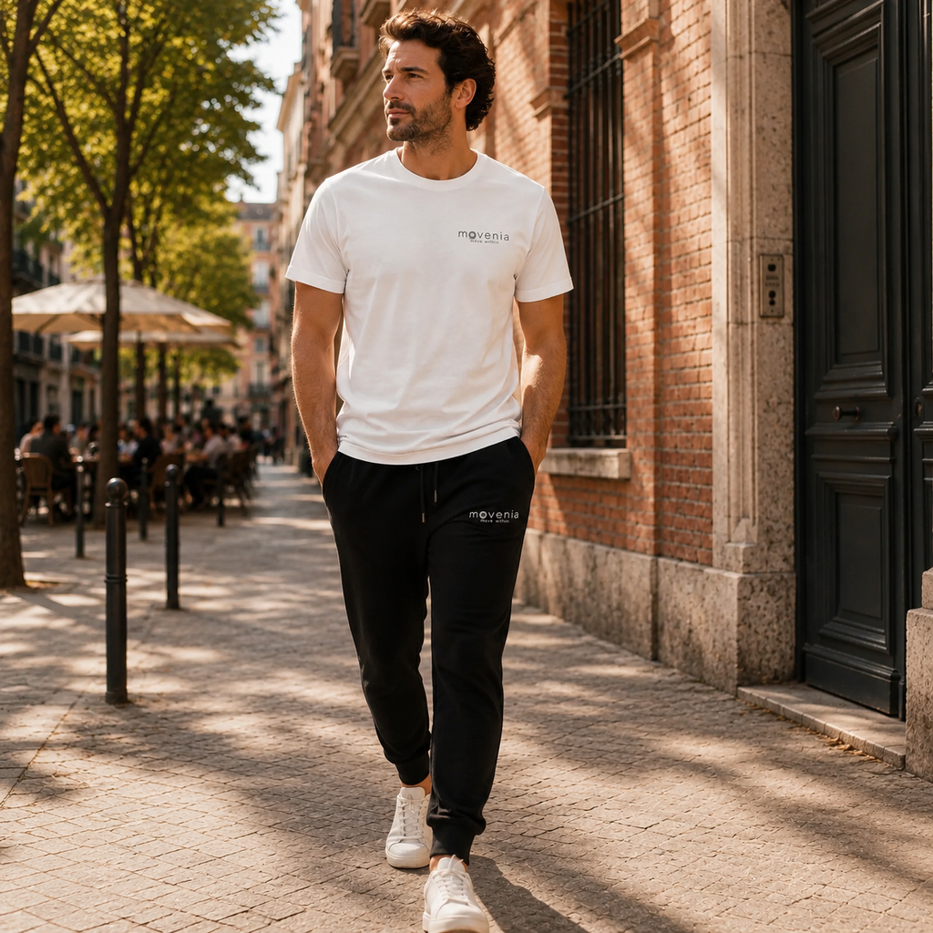 Pantalon de jogging Mover en coton biologique Movenia, coloris noir, porté dans la rue