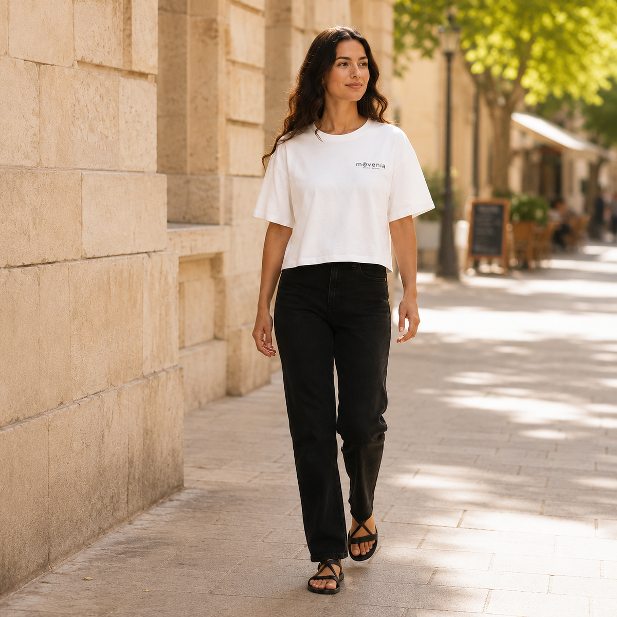 T-shirt femme Nova coupe boxy en coton biologique Movenia, coloris blanc, porté dans la rue