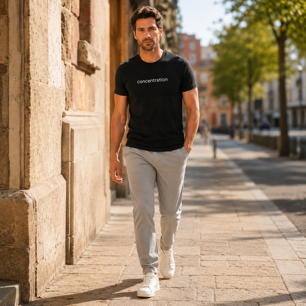 T-shirt homme Pierre Concentration en coton biologique Movenia, coloris noir, porté dans la rue