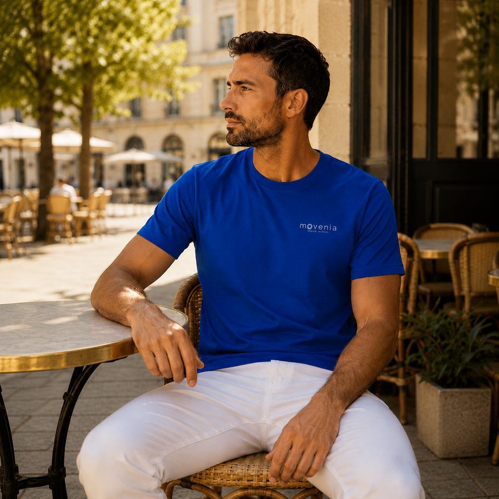 T-shirt homme Pierre bleu roi Capsule Été Movenia, coloris bleu, porté en terrasse