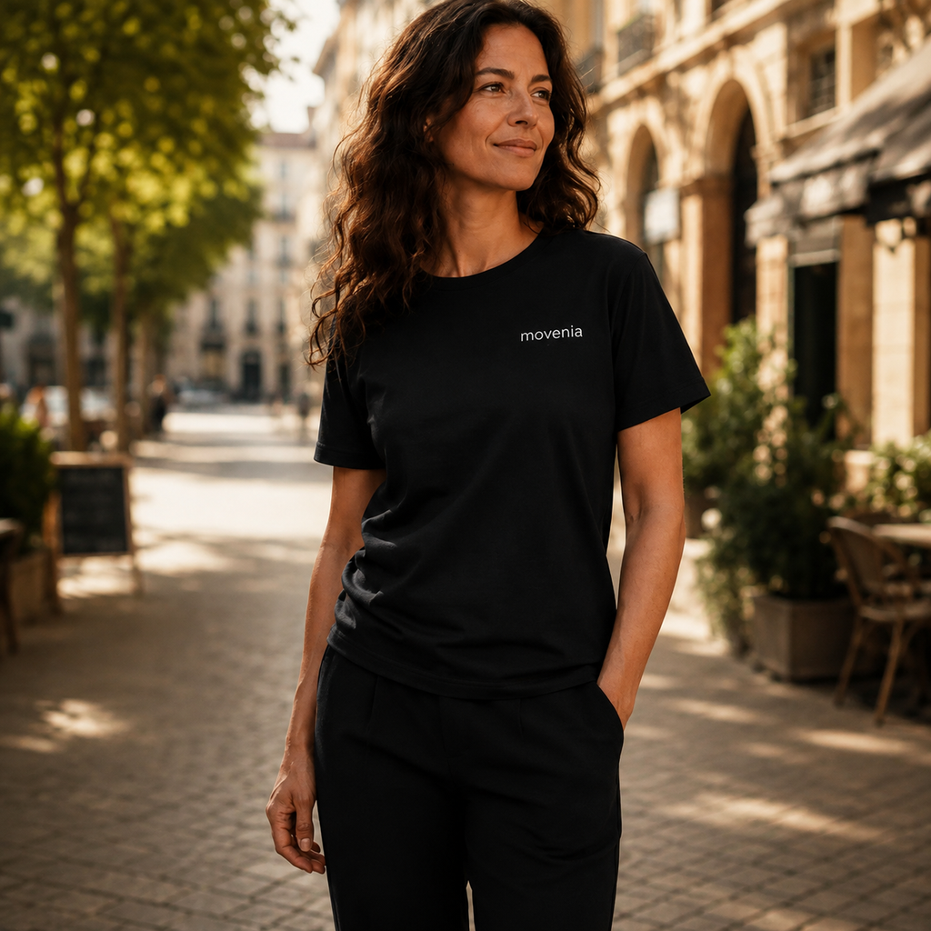 T-shirt femme Serena en coton biologique Movenia, coloris noir, porté dans la rue