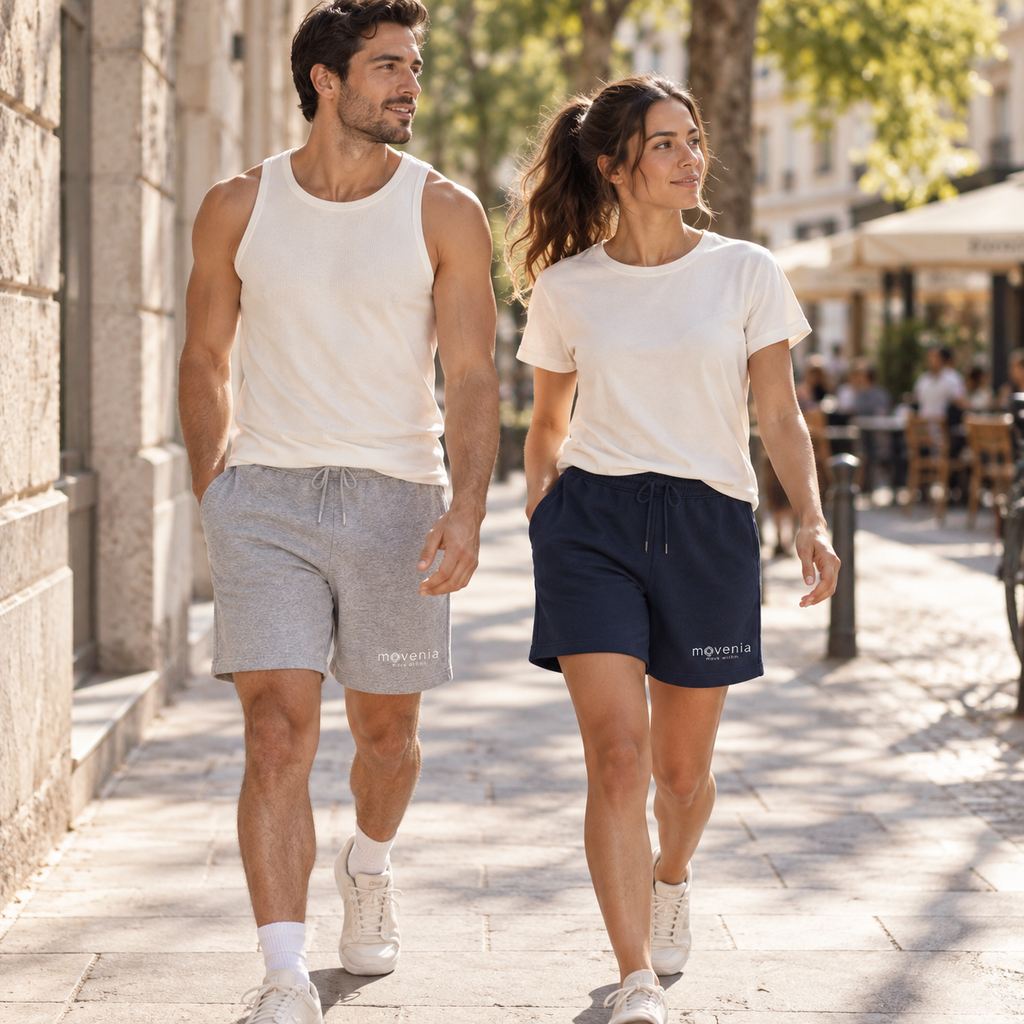 short Trainer bleu marine et gris en coton biologique - duo homme/femme extérieur