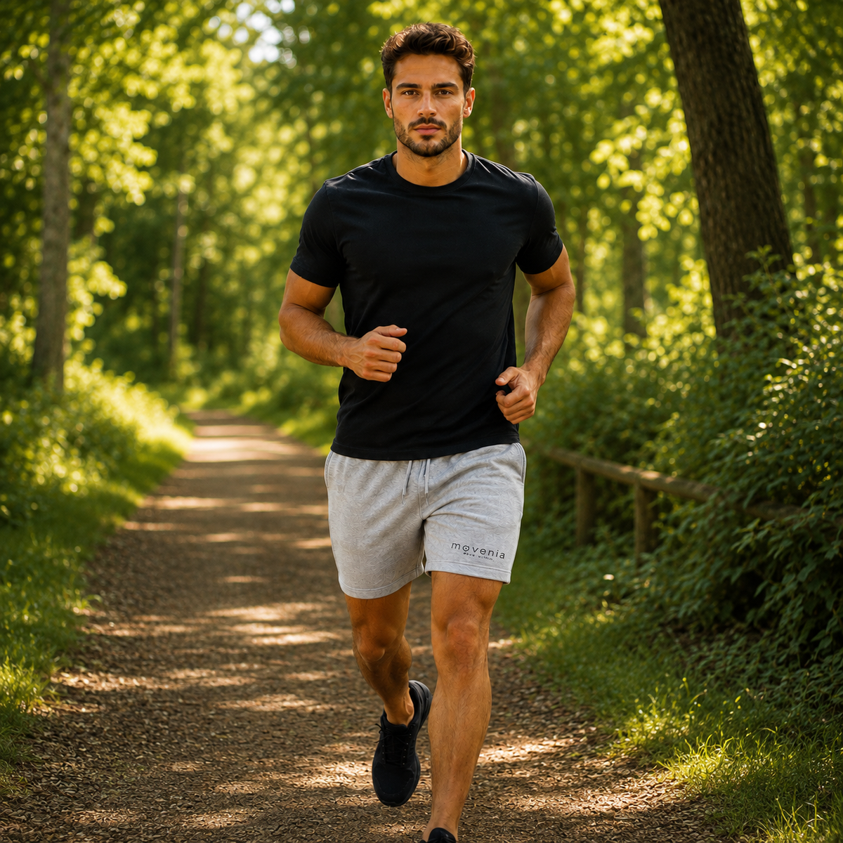 Short Trainer unisexe en coton biologique Movenia, coloris gris, porté pendant une course