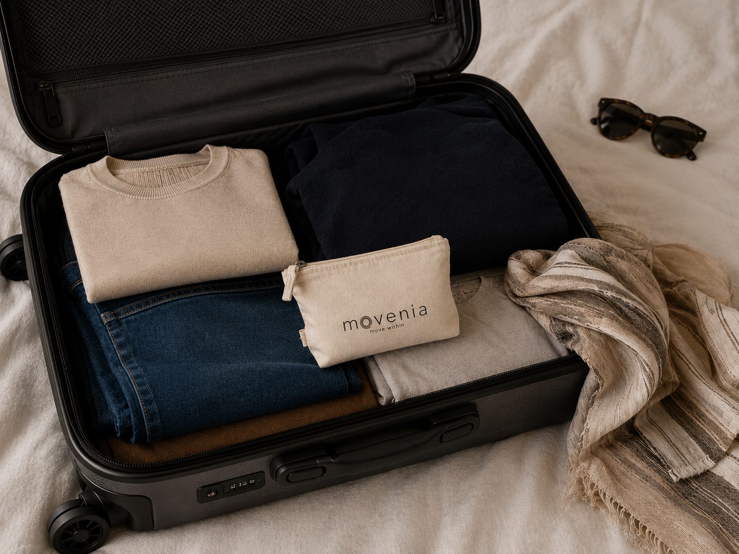 Trousse coton bio — logo Movenia —  move within.